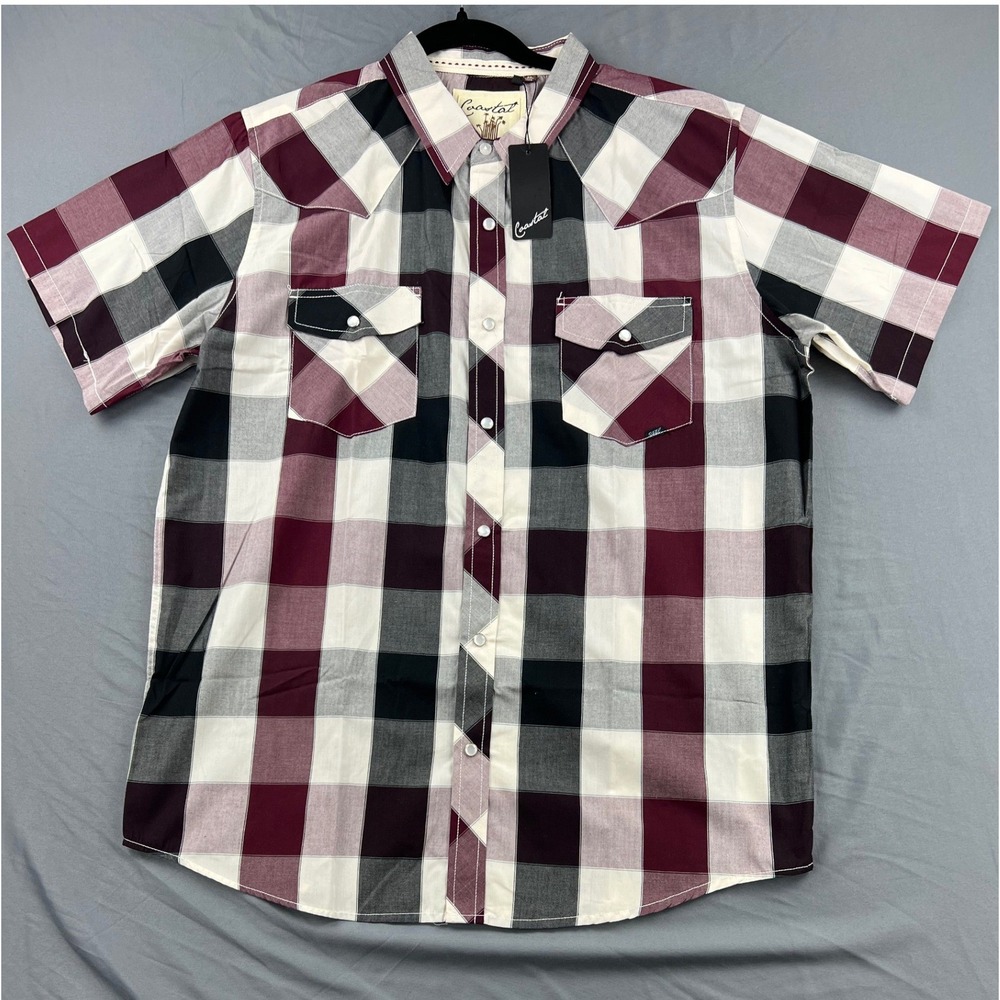 Coastal Western Shirt Mens XL Burgundy Plaid Pearl Snap Short Sleeve NWT Pocket